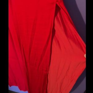 red, satin side slit maxi skirt